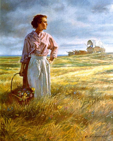 Pioneer woman standing in a field, holding a basket of flowers. 