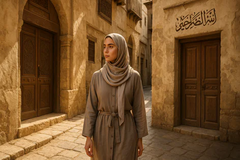 Young woman in beige hijab and modest dress standing in narrow old city street with ancient stone buildings and carved wooden doors.