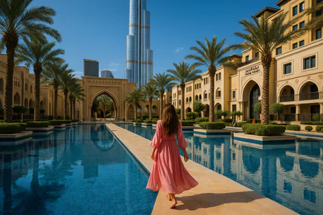 Woman in a pink dress walks along a walkway next to a long pool with palm trees and a luxurious building in Dubai, with the Burj Khalifa in the background.