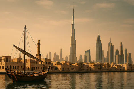 A traditional dhow boat on the water with historic buildings along the creek. The iconic modern Dubai skyline, featuring the Burj Khalifa, is visible in the hazy background.