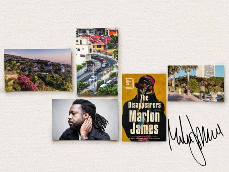 Image may contain: Marlon James, Advertisement, Poster, Adult, Person, Art, Collage, Architecture, Building, Face, and Head
