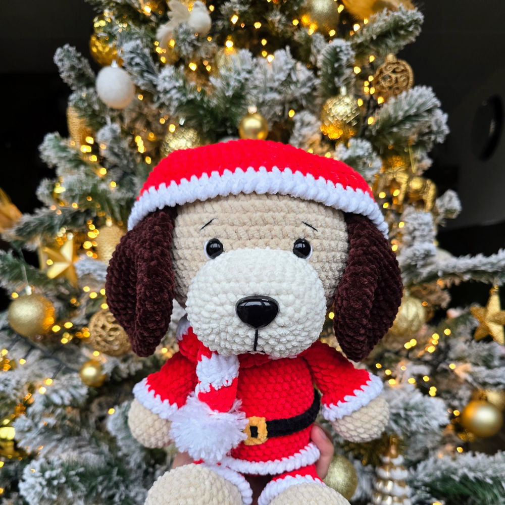 Christmas Doggy - Crochet pattern (PDF download) - puppy plush dog winter Santa outfit amigurumi festive holiday decoration