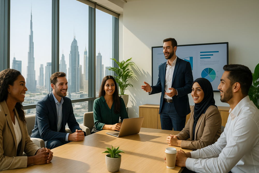 Multinational team collaborating in a sunlit Dubai office. A man stands presenting data on a screen to colleagues seated around a table, smiling.