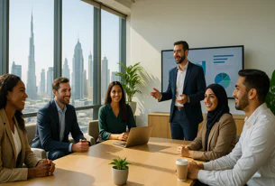 Multinational team collaborating in a sunlit Dubai office. A man stands presenting data on a screen to colleagues seated around a table, smiling.