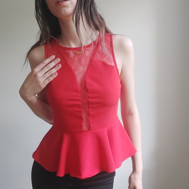 Red top with lace and deep neckline