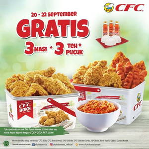 CFC: Promo CFC Boks GRATIS 3 Nasi + 3 Teh Pucuk Harum setiap pembelian CFC Boks sampai 09/22/2019