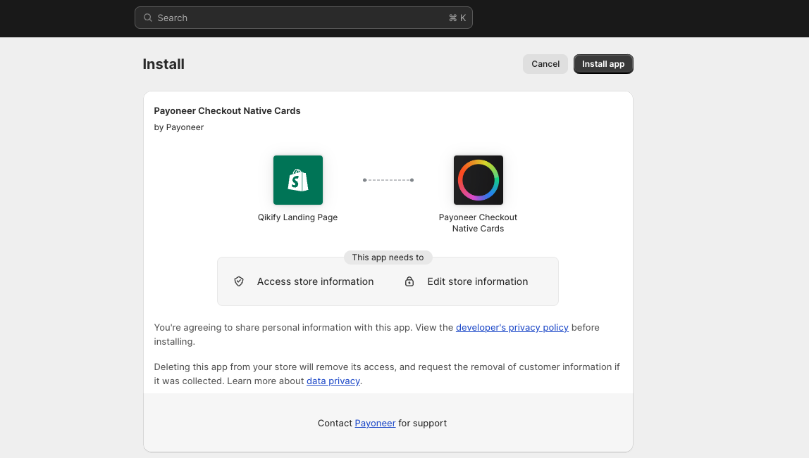 Install Payoneer Checkout Native Cards app