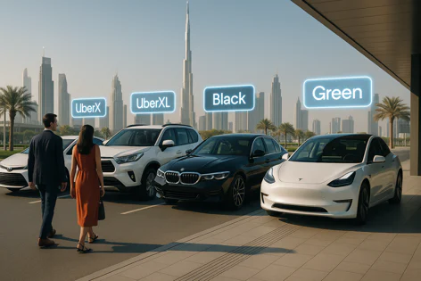 People walk past cars representing UberX, UberXL, Black, Green services, set against a backdrop of Dubai's skyscrapers.