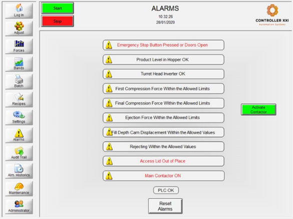 TP Pro Auto Weight Control alarms screen