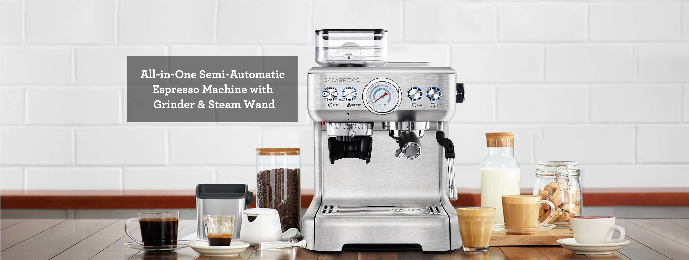 Casabrews 带研磨机和蒸汽棒的一体式半自动浓缩咖啡机