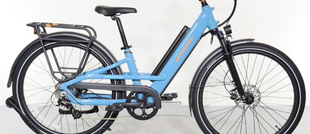 a blue Rad Power Bikes Radster Road electric city bike