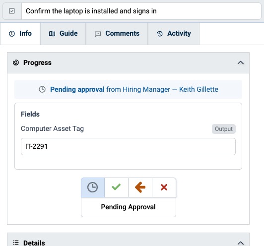 Task at Pending Approval, with the Approve, Return for Revision, and Reject buttons
