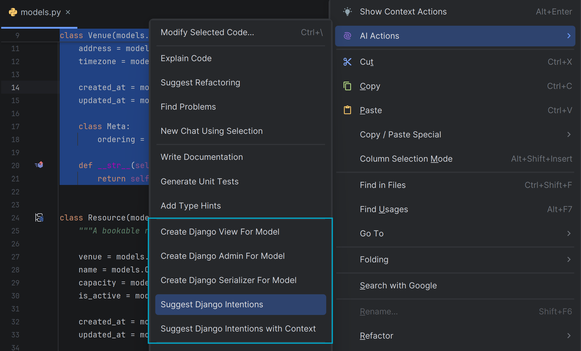Additional AI Actions for Django projects: creating views, serializers, intentions, and more.