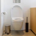 A wall hung toilet, with a toilet brush and a metal bin beside it.