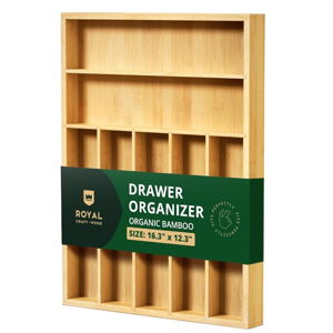ROYAL CRAFT WOOD Luxury Bamboo Utensil Rack and Silverware Organizer, Kitchen Drawer Organizer - Utensil Holder and Cutlery Tray with Grooved Drawer Dividers for Flatware 7 Slot, Natural
