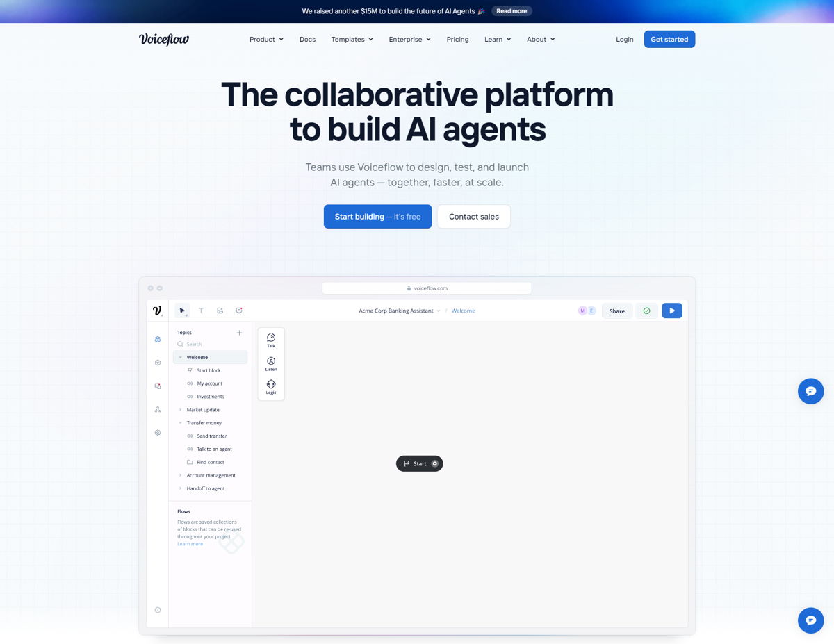 Screenshot of Voiceflow, from the saas websites collection.