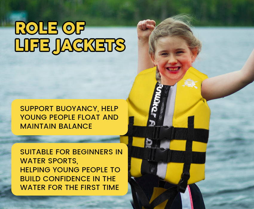 A little boy happily wears this children's life jacket.