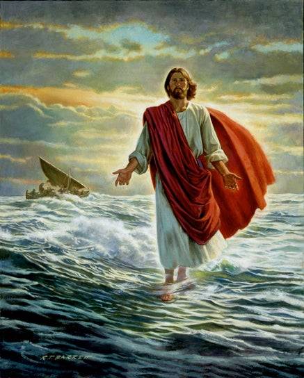 Painting of Jesus walking on water. A small boat is in the background.