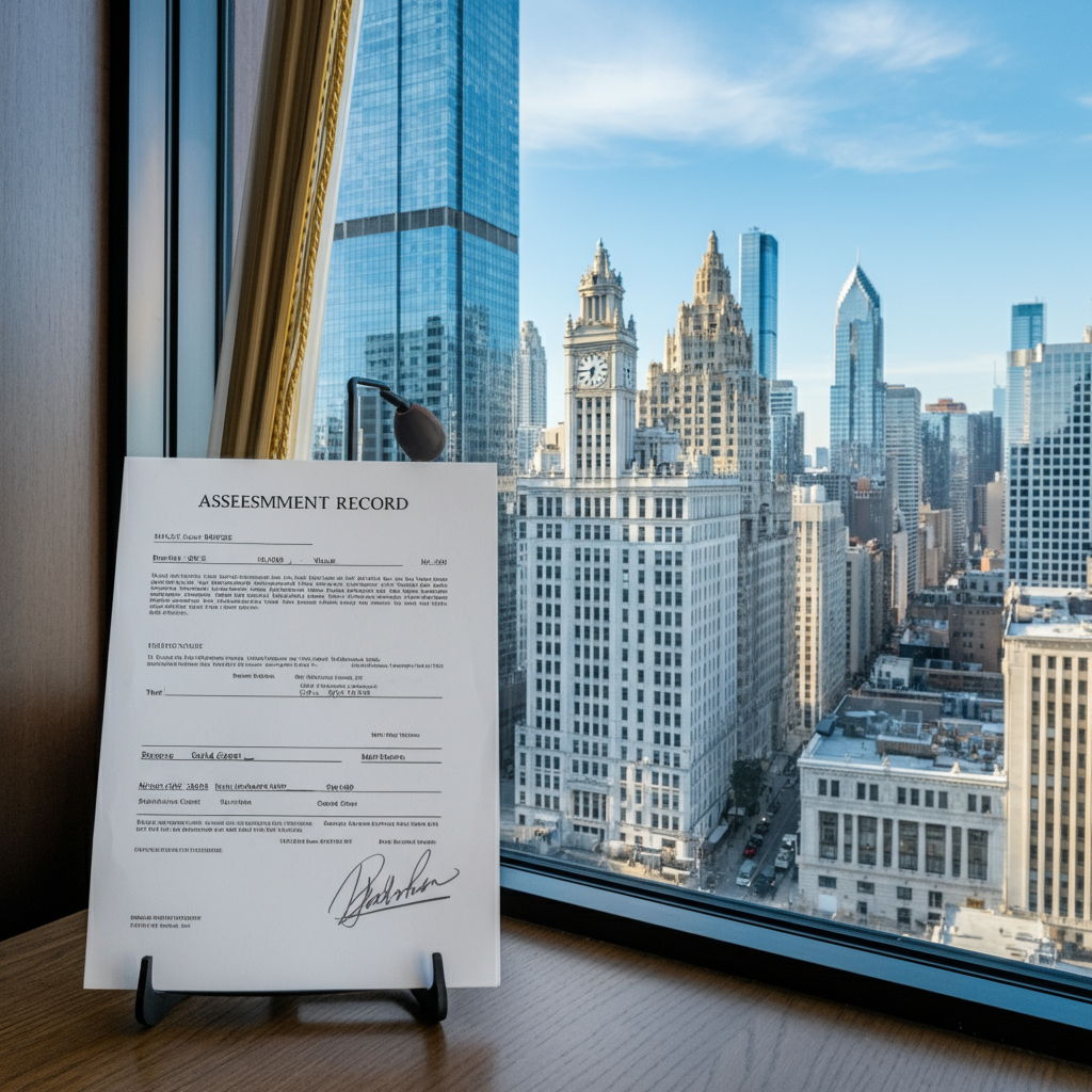 Before: A 2023 assessment record for a luxury Gold Coast high-rise unit showing a value of $215,000. The document is displayed in an elegant home office with views of Chicago's iconic architecture through the window.