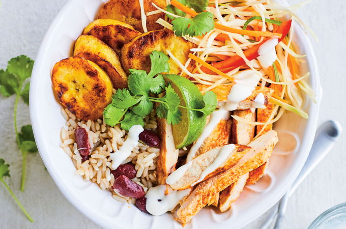 Rice and Bean Bowl with Chicken, Plantains and Pikliz