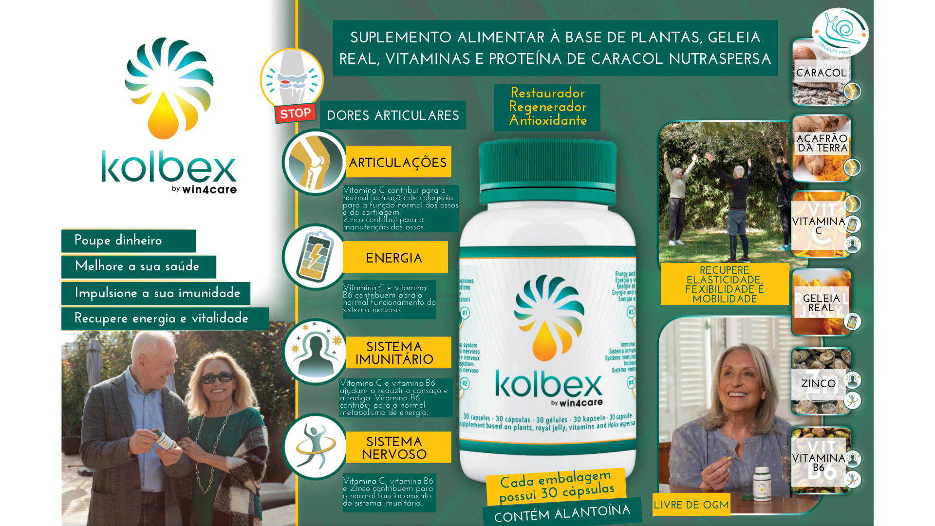 Kolbex é um suplemento alimentar à base de plantas, geleia real, vitaminas e proteína de caracol nutraspersa.