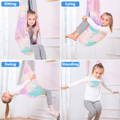 Infographic showing a girl sitting, lying, swinging, and standing on the Montessori Balance Buddy.