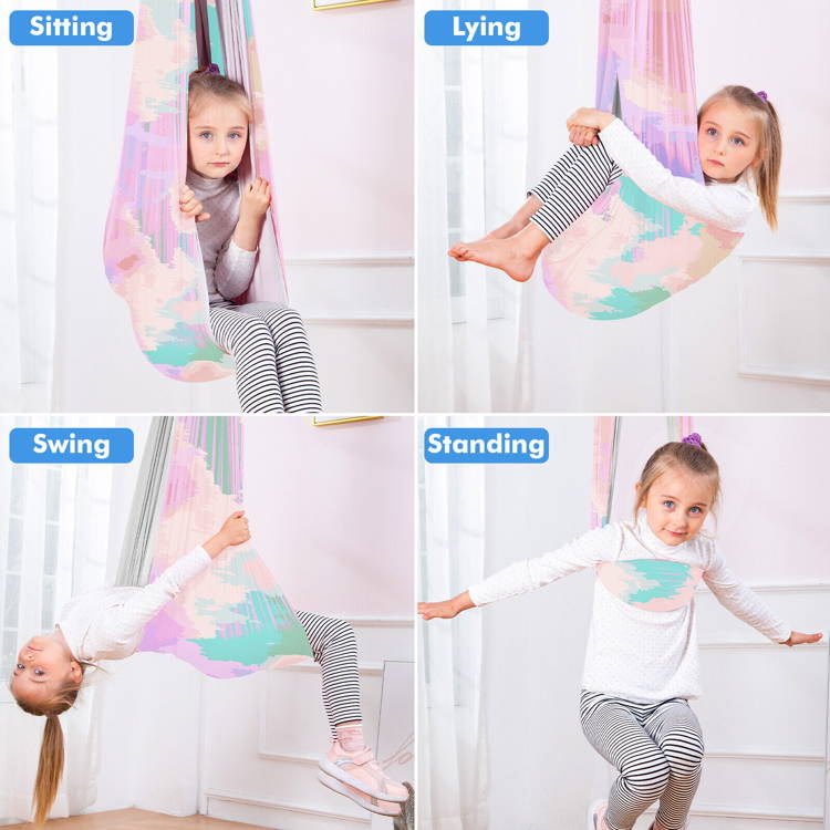 Infographic showing a girl sitting, lying, swinging, and standing on the Montessori Balance Buddy.