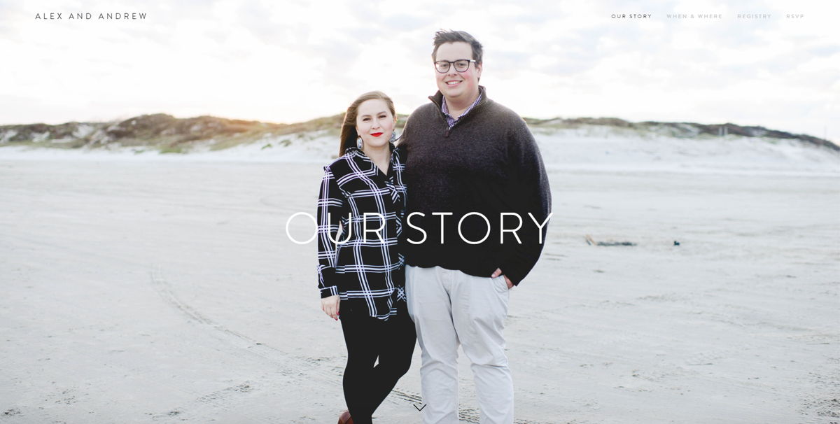 Screenshot of Alex and Andrew, from the squarespace wedding websites collection.