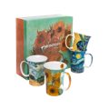 Four fine bone china mugs, each featuring a painting by artist Vincent van Gogh displayed alongside an ornate gift box with a print from the Sunflowers collection. 