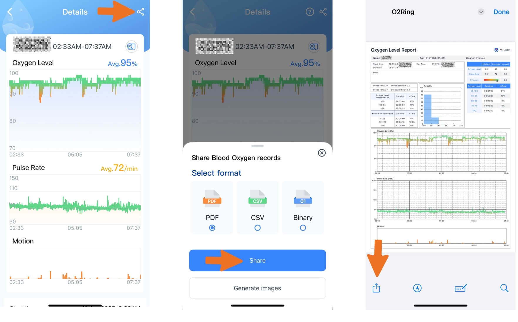 Application mobile O2Ring montrant comment exporter les données d'oxygène au format PDF, CSV ou binaire
