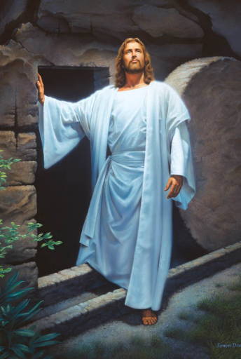 Jesus stepping outside the tomb. Sunlight shines down as he looks toward Heaven.