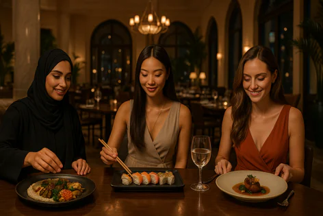 Three women of diverse backgrounds enjoying dinner together at an elegant restaurant, with plates of sushi, kebabs, and a main course on the table.