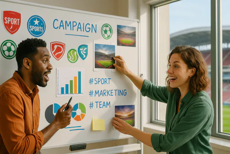 Two colleagues excitedly planning a sports marketing campaign using a whiteboard with charts, sports logos, and stadium photos.