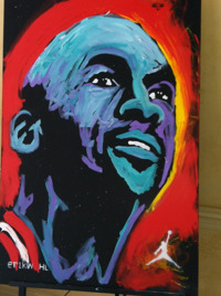 Michael Jordan as rendered by artist and motivational speaker Erik Wahl in a matter of minutes as he addressed advisors. The painting was later sold in a silent auction for charities including the Special Olympics and Habitat for Humanity. 