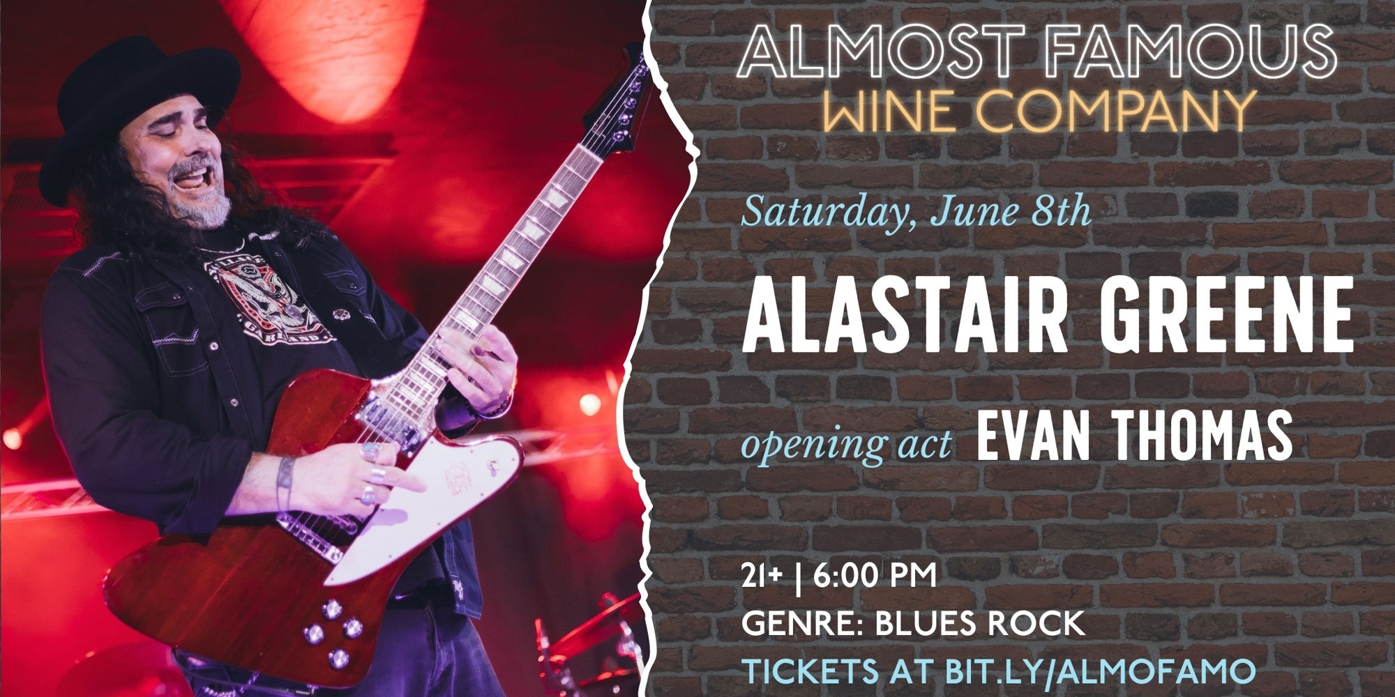 Former Alan Parsons blues rock guitarist Alastair Greene, with opener Evan Thomas promotional image