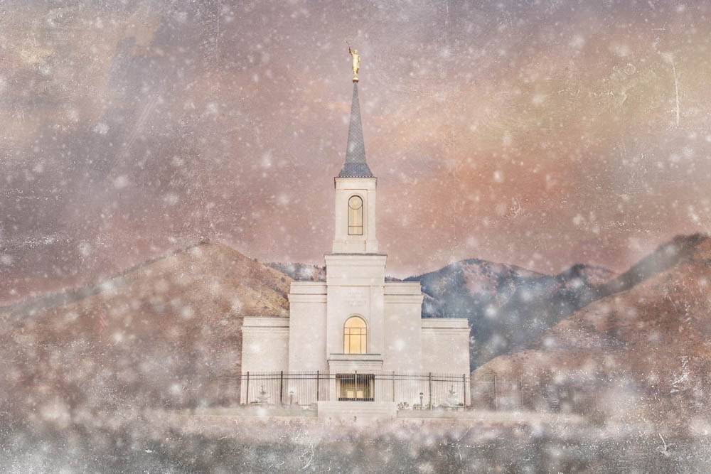 Gentle snowfall falling around the Star Valley Wyoming Temple.