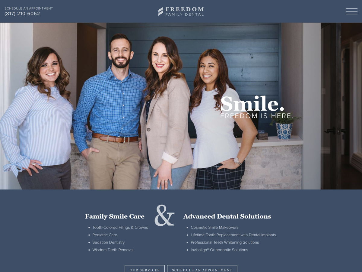 Screenshot of Freedom Family Dental, from the dentist websites collection.