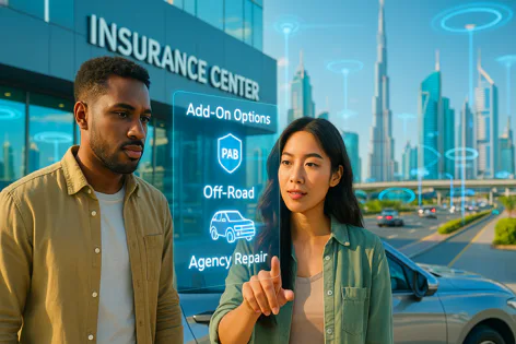 A man and woman near an insurance center building view digital car insurance add-on options displayed on a transparent screen, with a modern city skyline behind them.