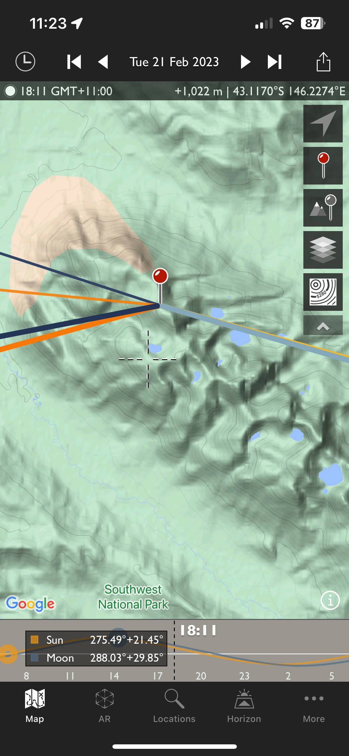 Screenshot from the Photographer's Ephemeris showing the location in the Western Arthurs from where my Out Under The Sky image was taken.