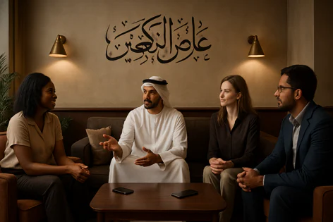 A group of diverse business professionals, including a man in traditional attire, sit around a table discussing in a room with Arabic calligraphy.