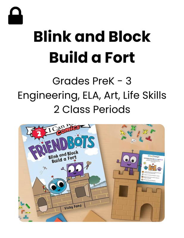 mage of the book Friendbots: Blink and Block Build a Fort displayed alongside a 3DuxDesign cardboard fort-building STEM kit for young learners, illustrating a hands-on project-based activity that blends engineering, early literacy, art, and life skills. Ideal for PreK–3 classrooms seeking engaging STEM education resources and creative story-based building projects.