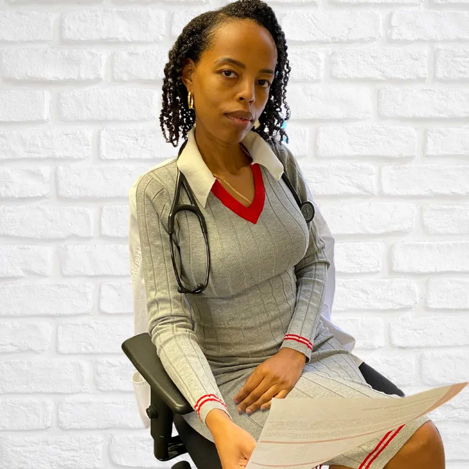 Medical professional seated, wearing gray knit dress with red trim, stethoscope, and white coat; holds papers against white b