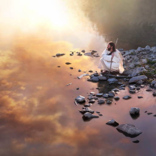 Jesus crouched on the rocky shore of a clear lake. The lake reflects a pink sky.