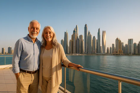 A smiling senior couple on a balcony overlooking a stunning modern city skyline with tall skyscrapers across calm blue water.