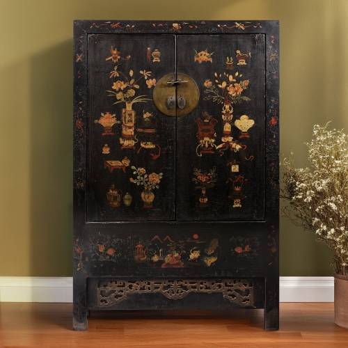 An exquisite antique Chinese black lacquer wedding cabinet from Shanxi province with hand painted flowers