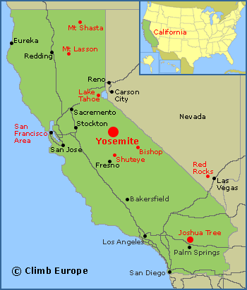 Map of the main rock climbing areas in California