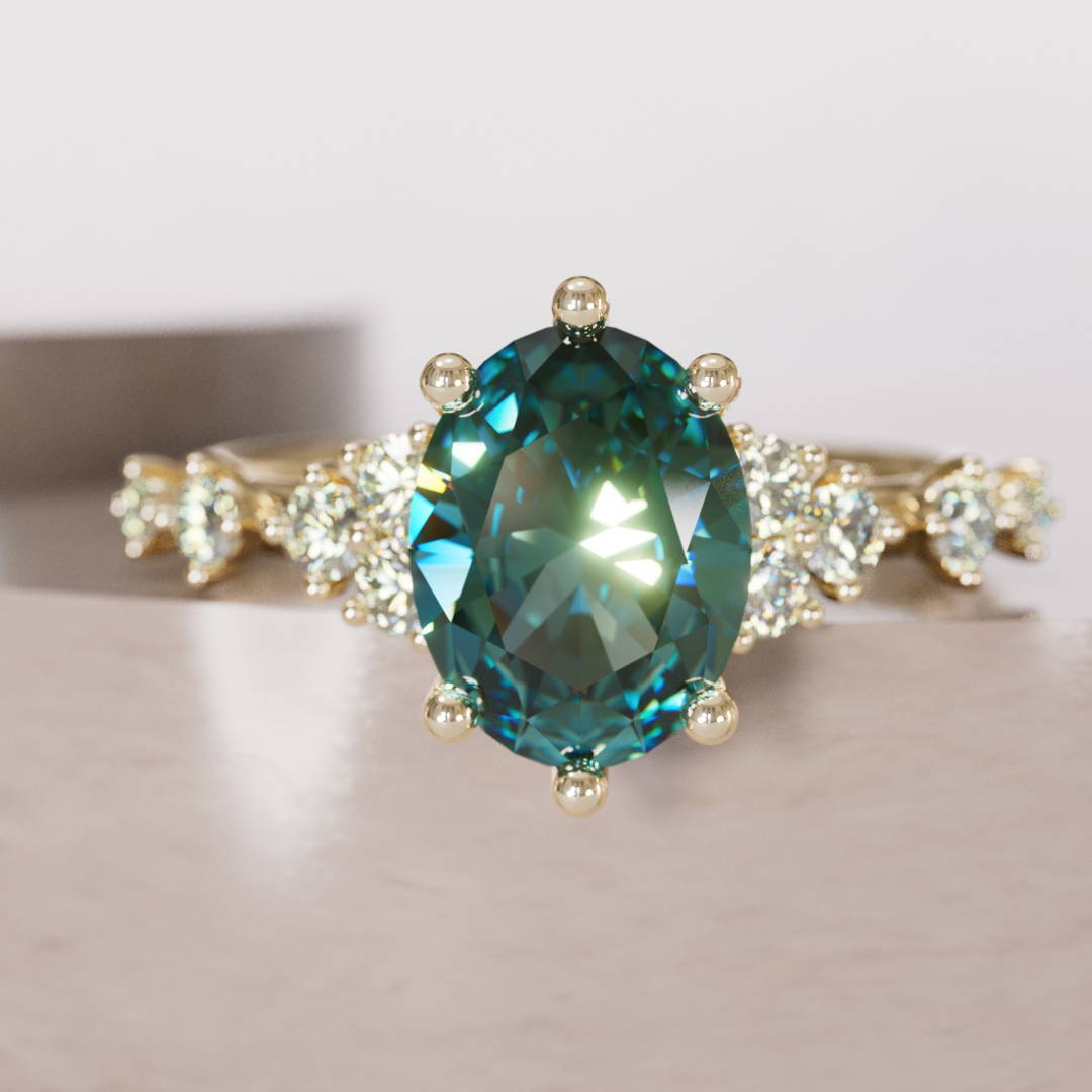 oval Cut Teal Sapphire and Diamond celestial Engagement Ring 