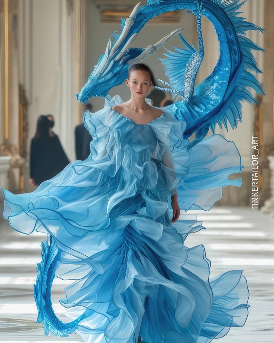 Fashion runway blue dress image by @tinkertailorart digital artwork ai art ai artwork ai artist