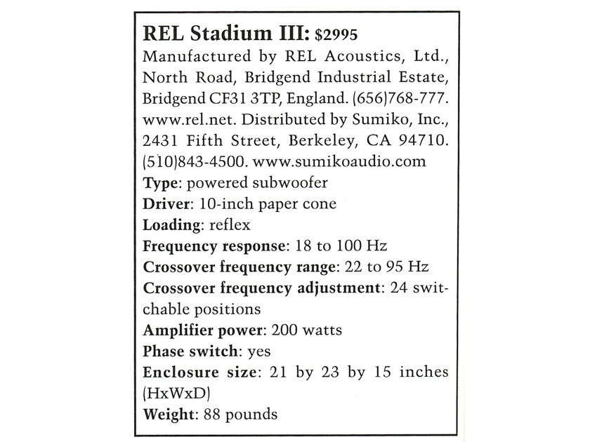 REL Acoustics Limited REL Stadium III Self-Powered Sub-Woofer System