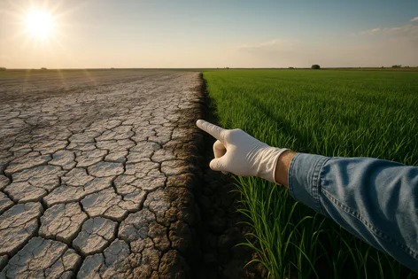 Hand in a glove points from a lush green field towards dry, cracked earth under a bright sun, illustrating stark contrast.